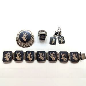 Vintage Nielloware Siam Signed Silver Goddess Bracelet Earrings Ring Brooch Set